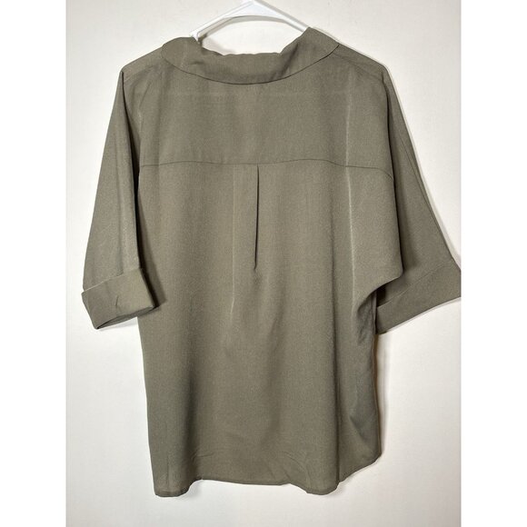 BEFORE YOU Short Sleeve V-Neck Collared Blouse Olive Green NWT Lagenlook Medium - Picture 4 of 6